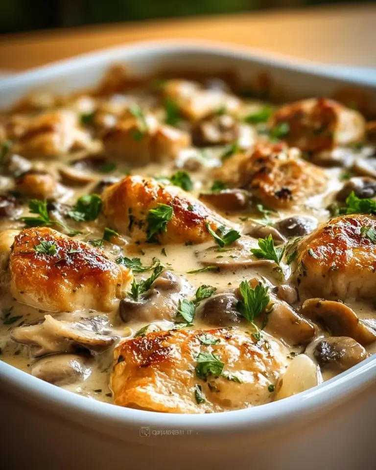 Delicious Baked Chicken Stroganoff served with creamy sauce and pasta