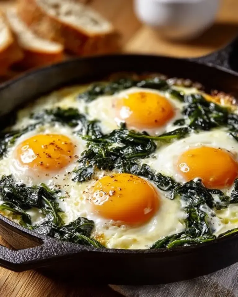 Baked Eggs Florentine topped with spinach and creamy sauce in a baking dish.