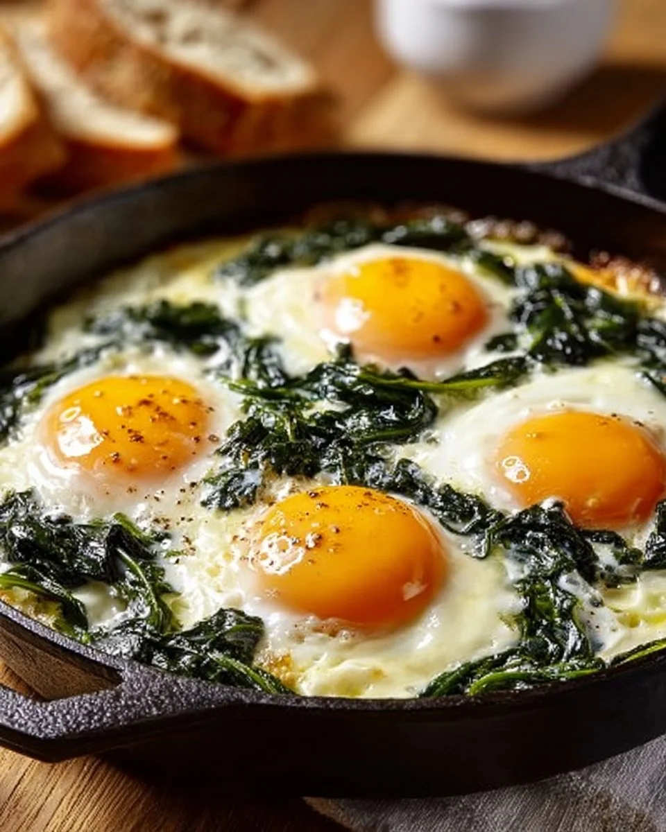 Baked Eggs Florentine topped with spinach and creamy sauce in a baking dish.