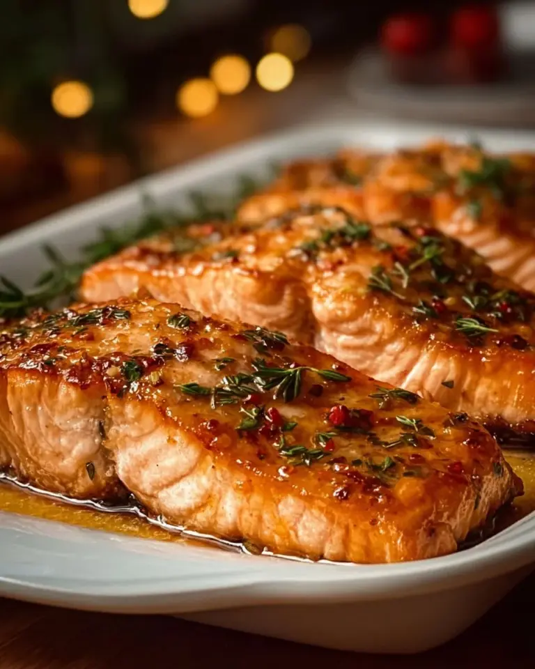 Deliciously baked salmon fillet served on a plate with herbs and lemon.