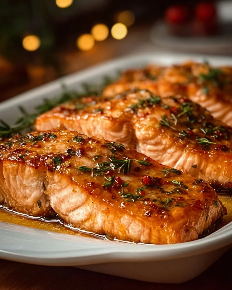 Deliciously baked salmon fillet served on a plate with herbs and lemon.