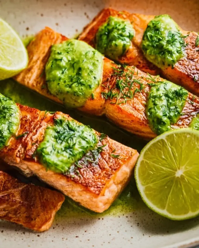 Baked Salmon topped with vibrant Avocado Chimichurri sauce on a plate.