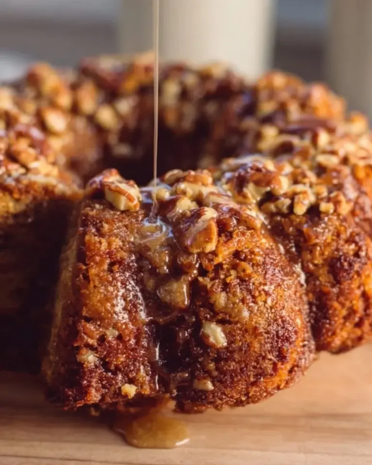 Baklava Banana Bundt Cake topped with nuts and syrup on a cake stand