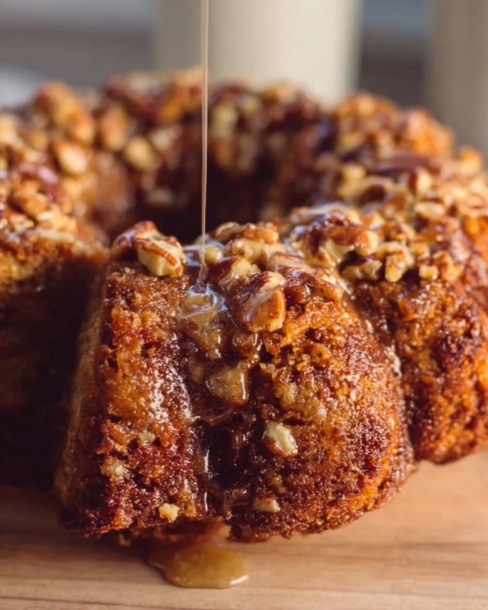 Baklava Banana Bundt Cake topped with nuts and syrup on a cake stand