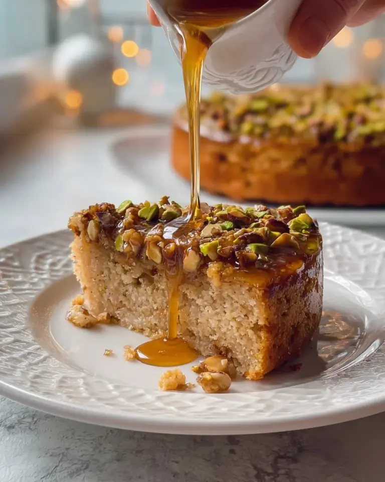 Delicious Baklava Upside Down Cake topped with honey and nuts.