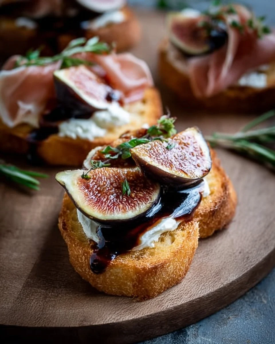 Balsamic Fig and Prosciutto Crostini on a platter garnished with fresh herbs.
