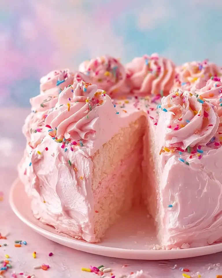 Beautiful Pink Angel Food Cake topped with strawberries and whipped cream