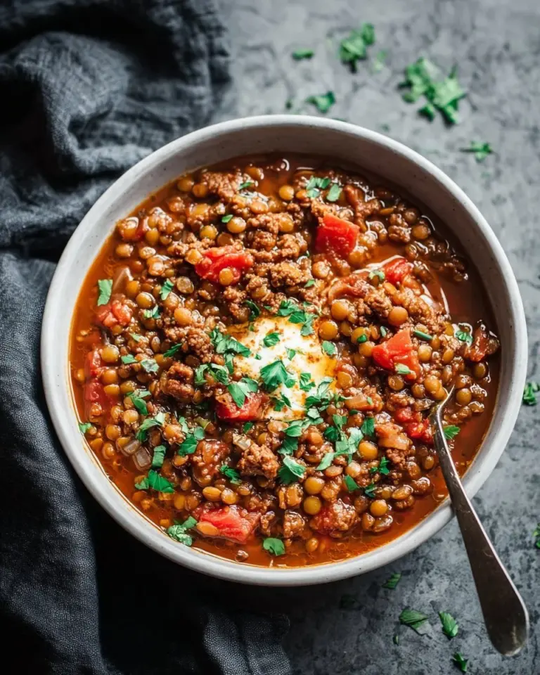 A bowl of Beef & Lentil Chili garnished with fresh herbs and spices
