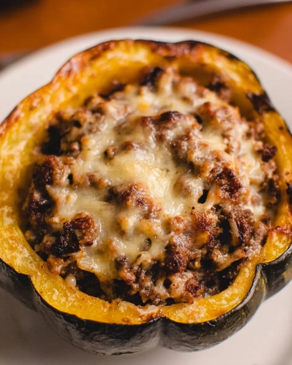 Beef stuffed acorn squash served on a plate topped with herbs.