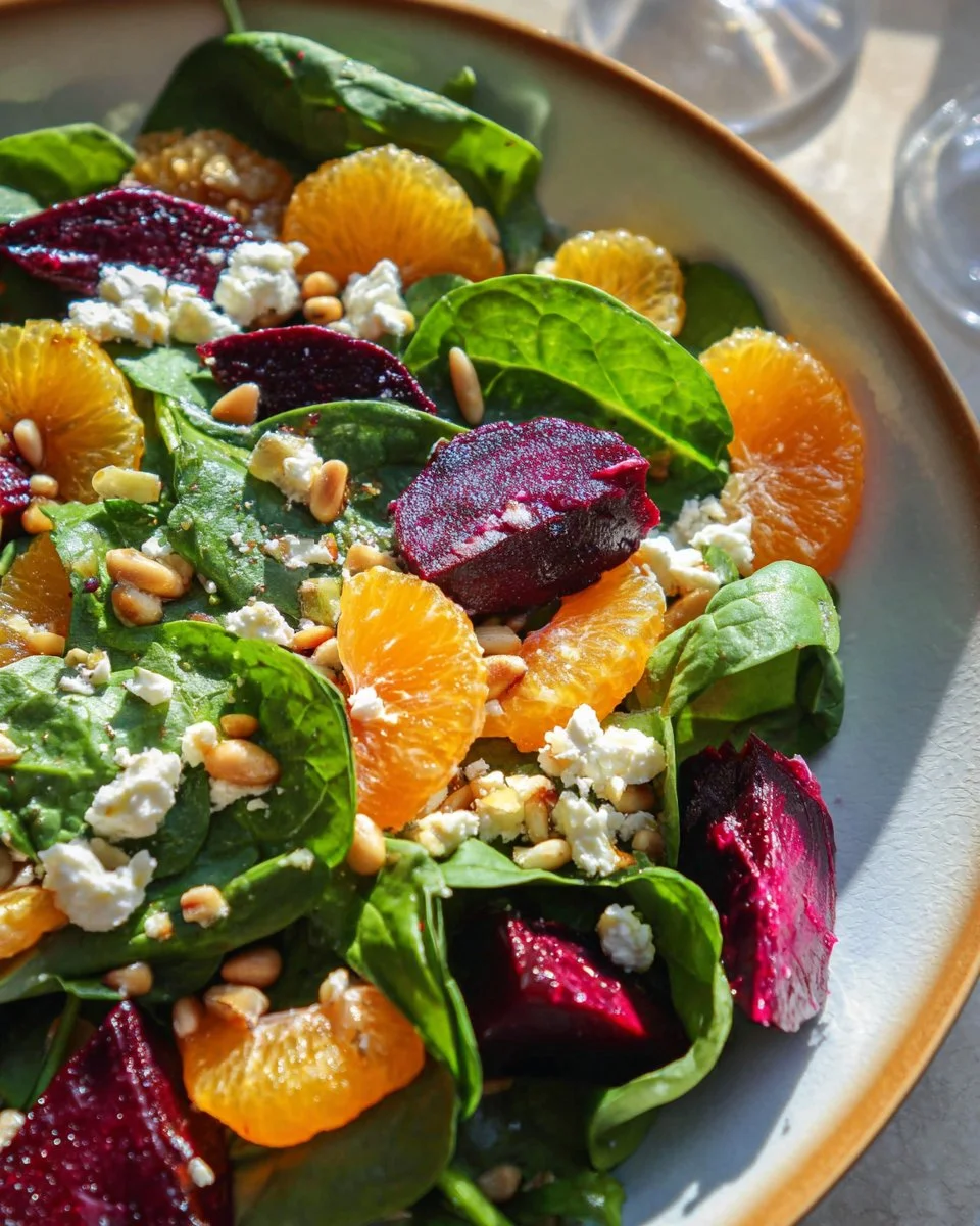 Beet salad with spinach and mandarin oranges in a colorful bowl