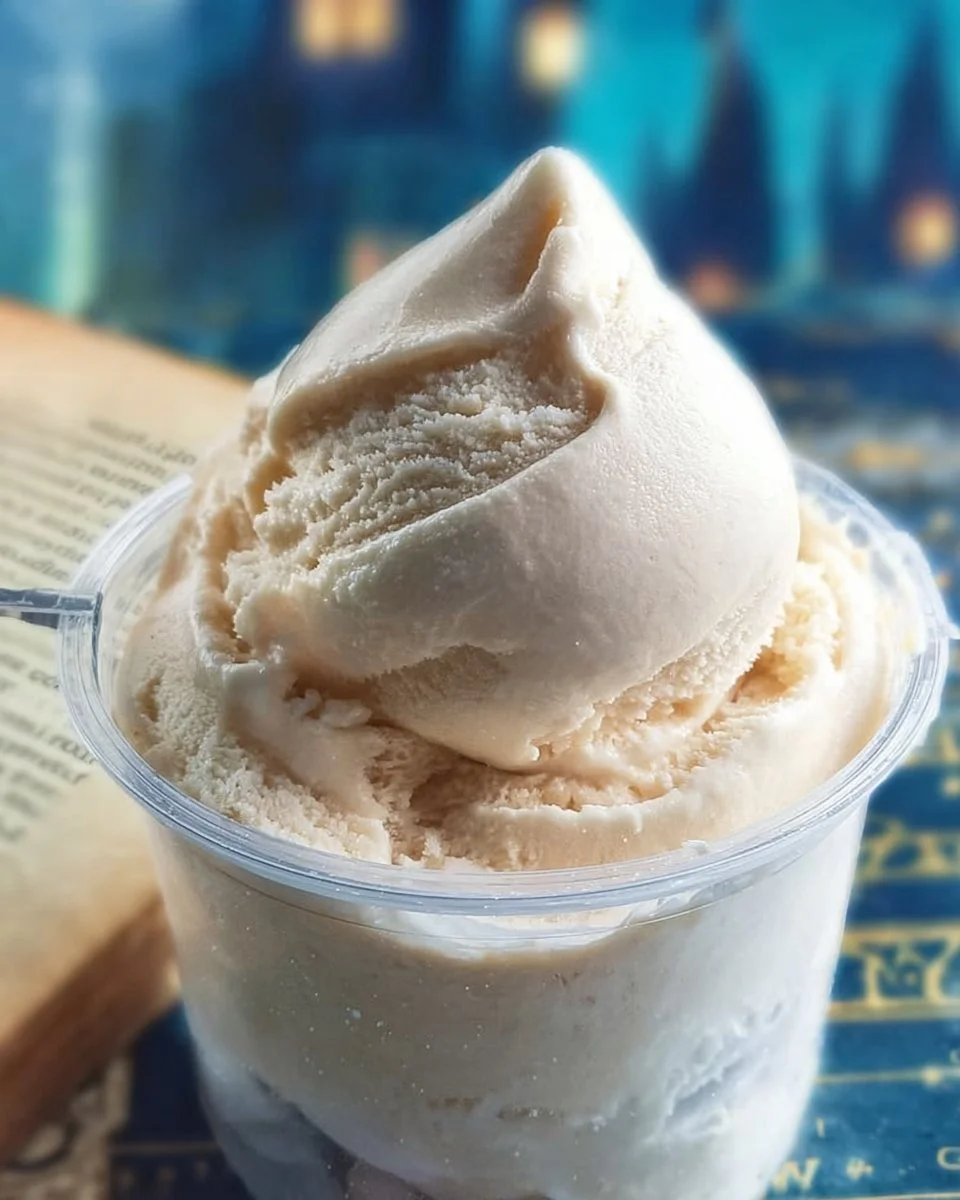 Creamy Butterbeer Ice Cream topped with caramel and butterscotch drizzle