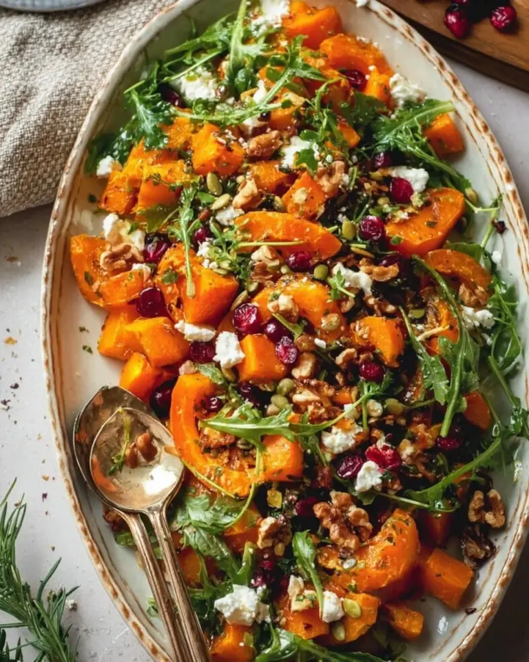 Butternut squash feta salad with mixed greens and a vinaigrette dressing