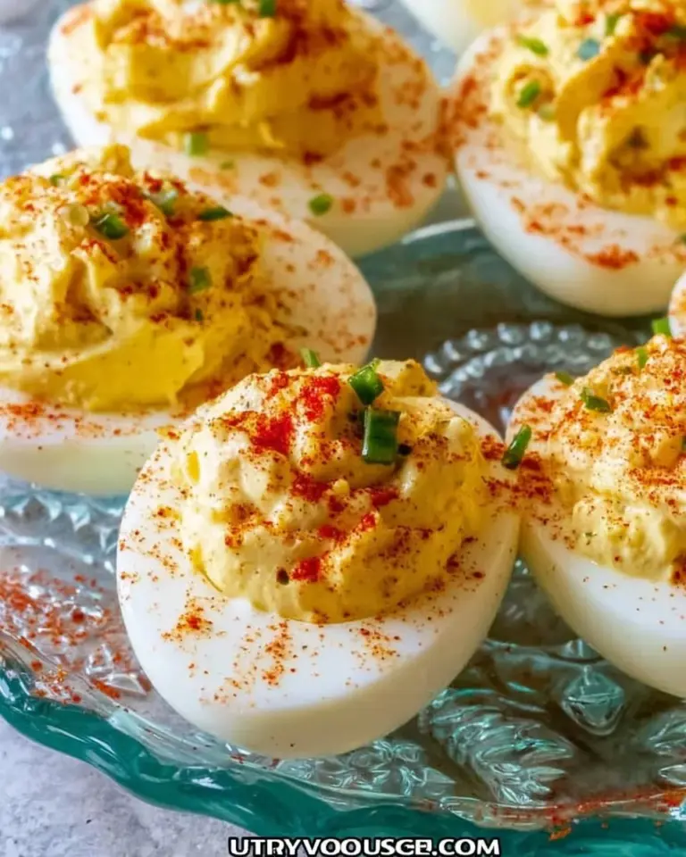 Cajun Deviled Eggs with spices and garnishes on a platter