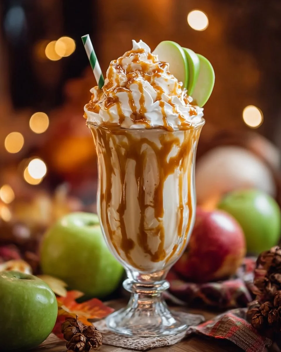 Creamy caramel apple milkshake topped with whipped cream and caramel drizzle