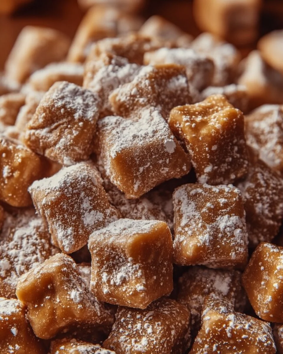 Bowl of Caramel Apple Puppy Chow with caramel drizzles and apple pieces