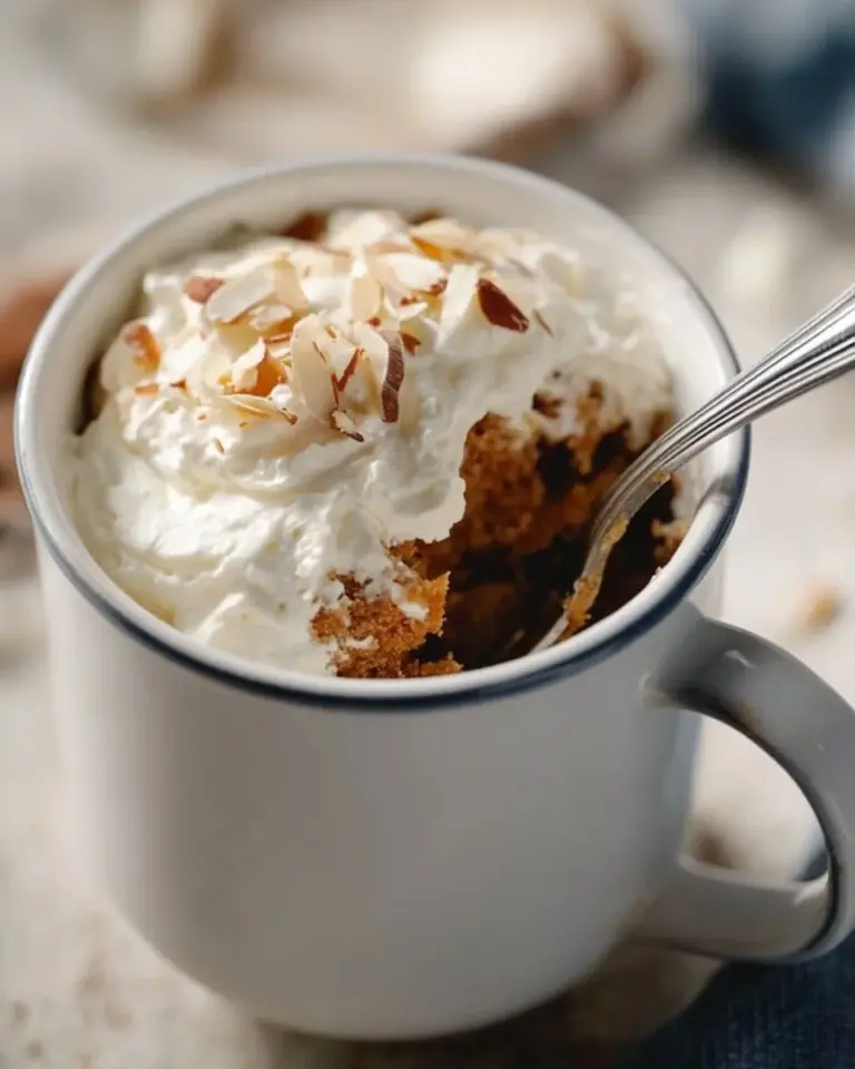 Delicious carrot mug cake in a ceramic mug, topped with cream cheese frosting.