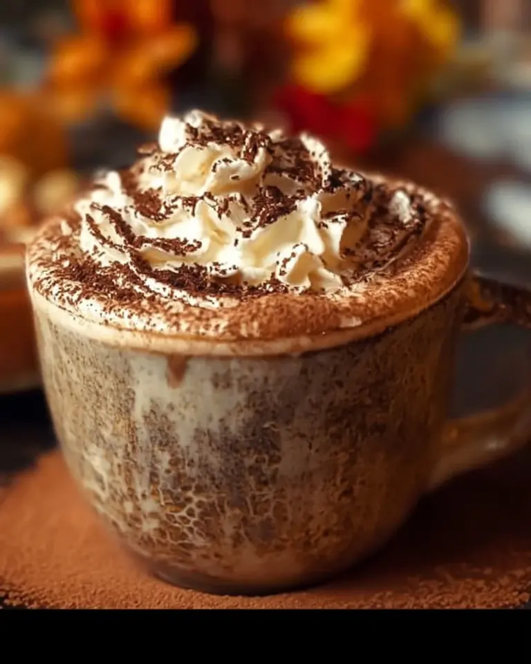 Delicious chai spiced hot chocolate topped with whipped cream and spices.