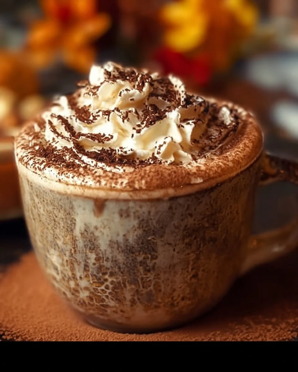 Delicious chai spiced hot chocolate topped with whipped cream and spices.