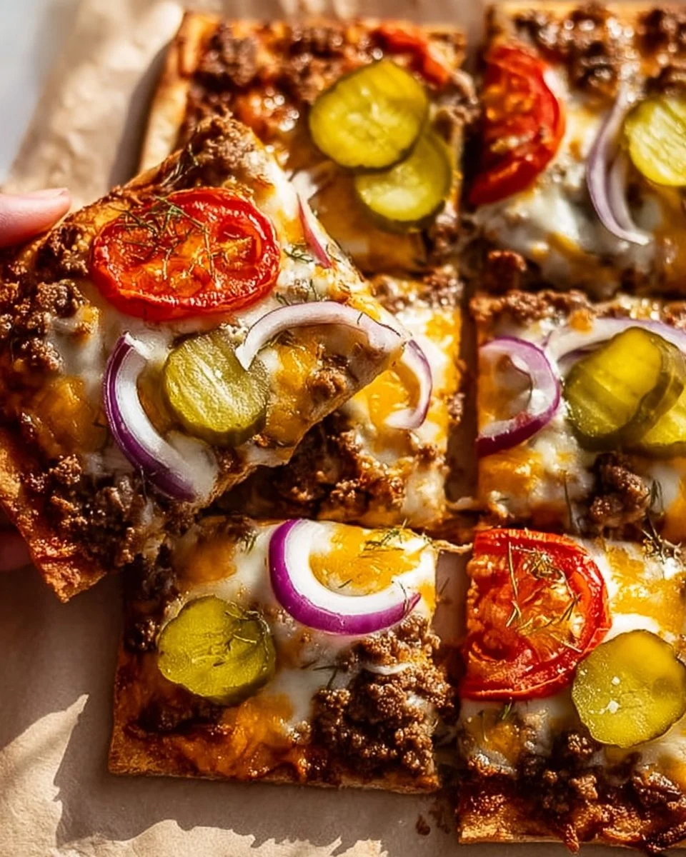 Delicious cheeseburger flatbreads topped with fresh ingredients.