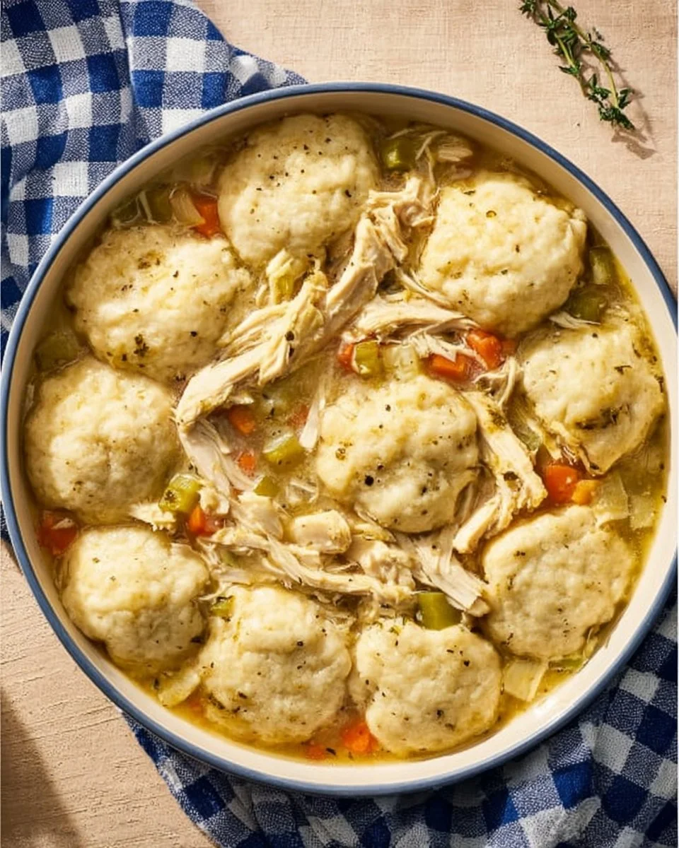 A bowl of delicious chicken and dumplings served with fresh herbs