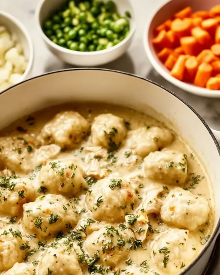 A steaming bowl of Chicken Dumpling Soup with chicken, dumplings, and vegetables.