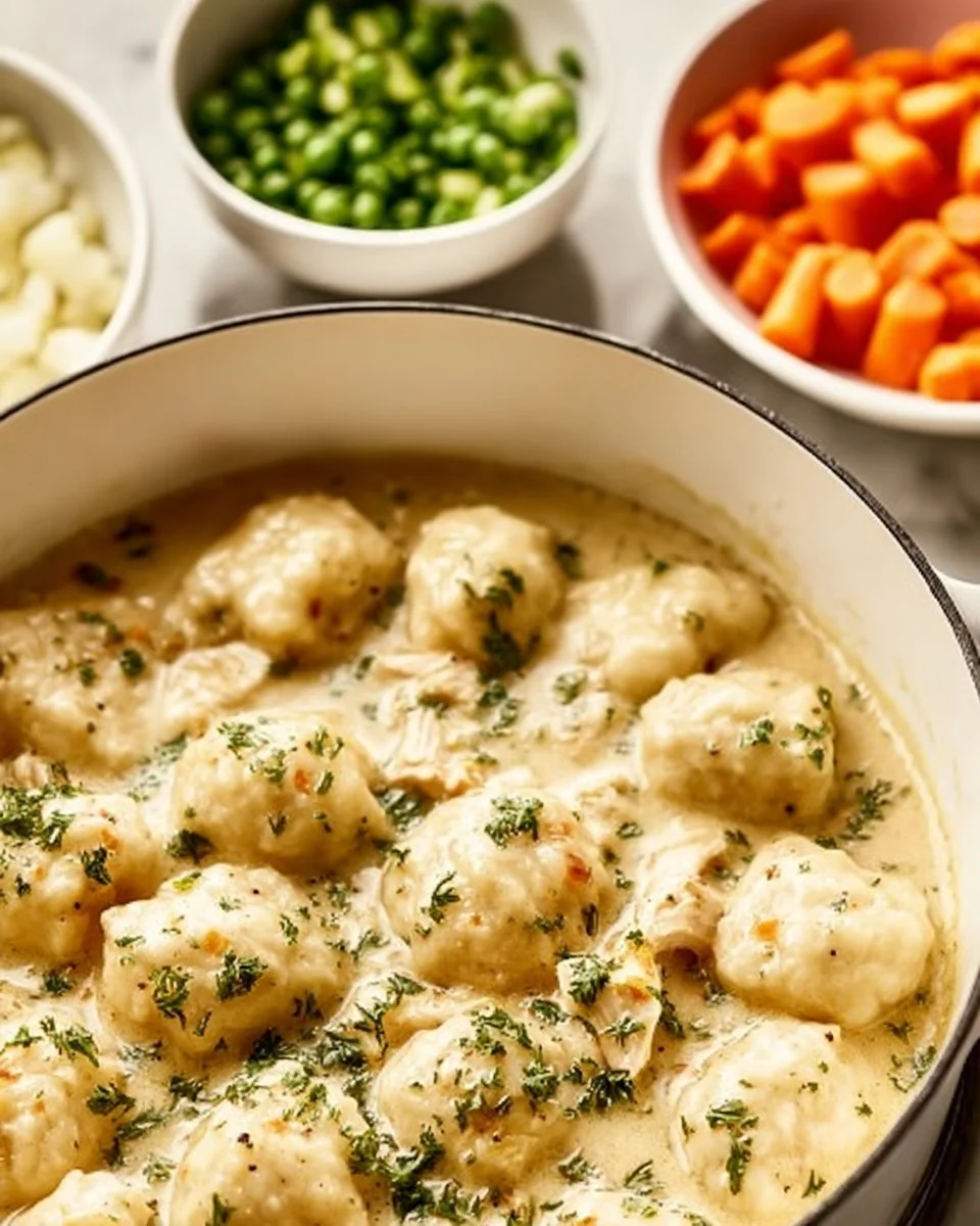 A steaming bowl of Chicken Dumpling Soup with chicken, dumplings, and vegetables.