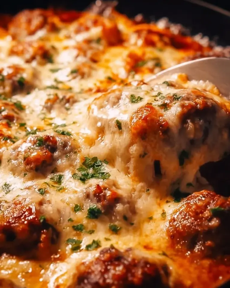 Delicious Chicken Parmesan Meatballs served with marinara sauce and cheese on top