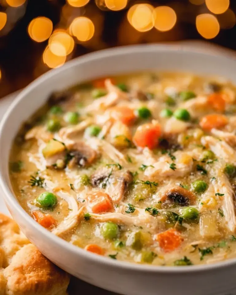 Bowl of creamy Chicken Pot Pie Soup with vegetables and herbs