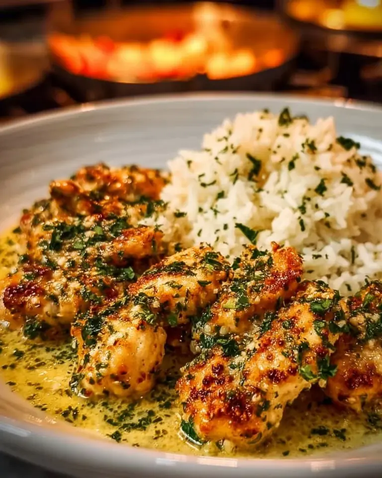 Plate of Chicken Scampi with Garlic Parmesan Rice garnished with parsley