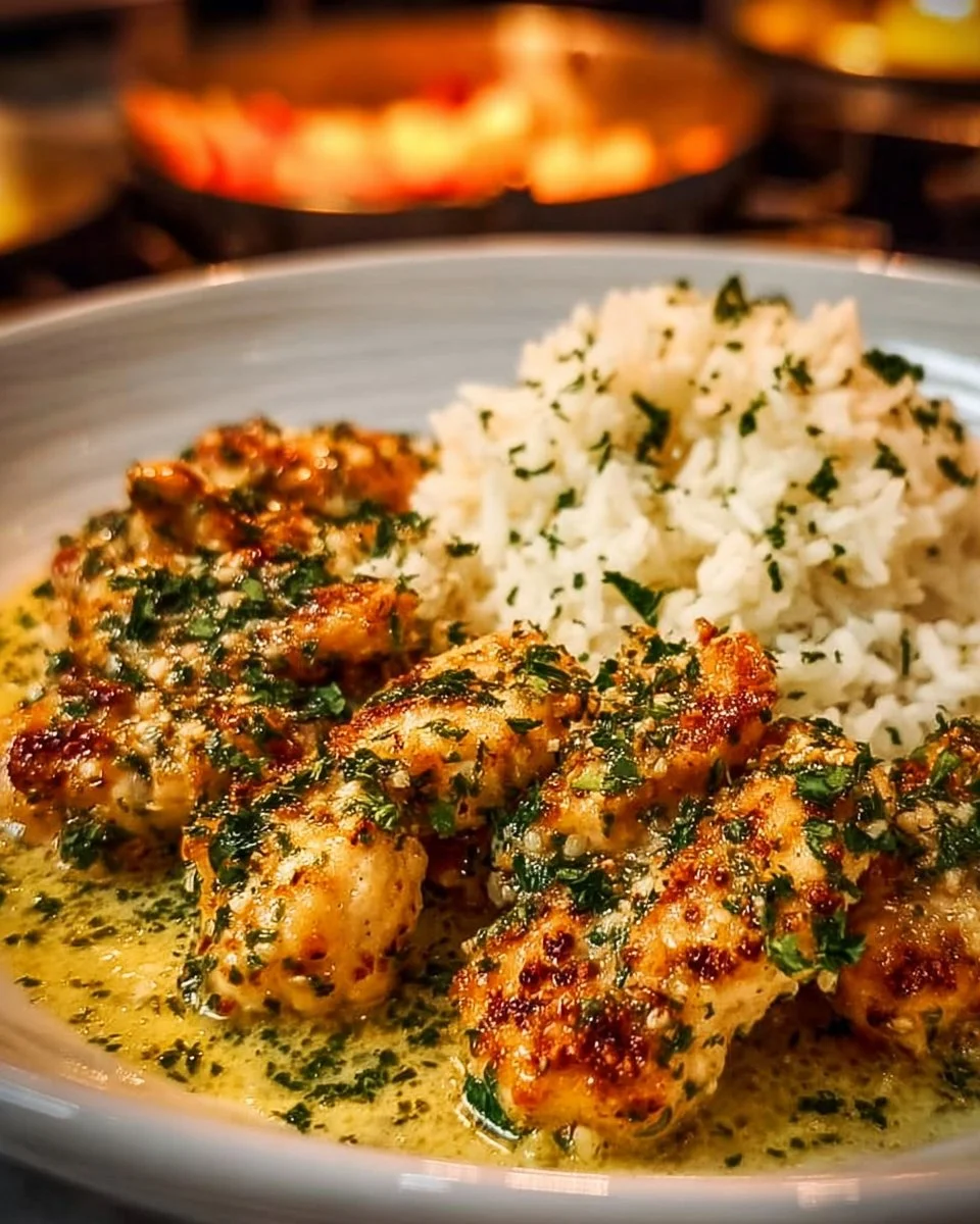 Plate of Chicken Scampi with Garlic Parmesan Rice garnished with parsley
