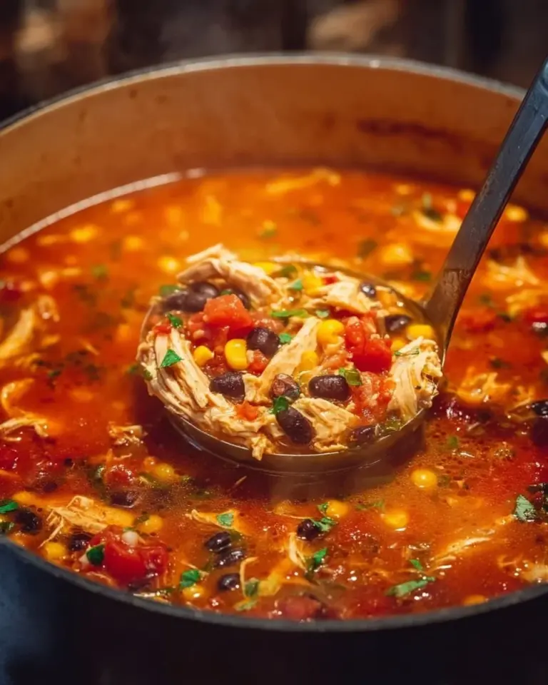 Bowl of Chicken Tortilla Soup topped with tortillas and fresh cilantro
