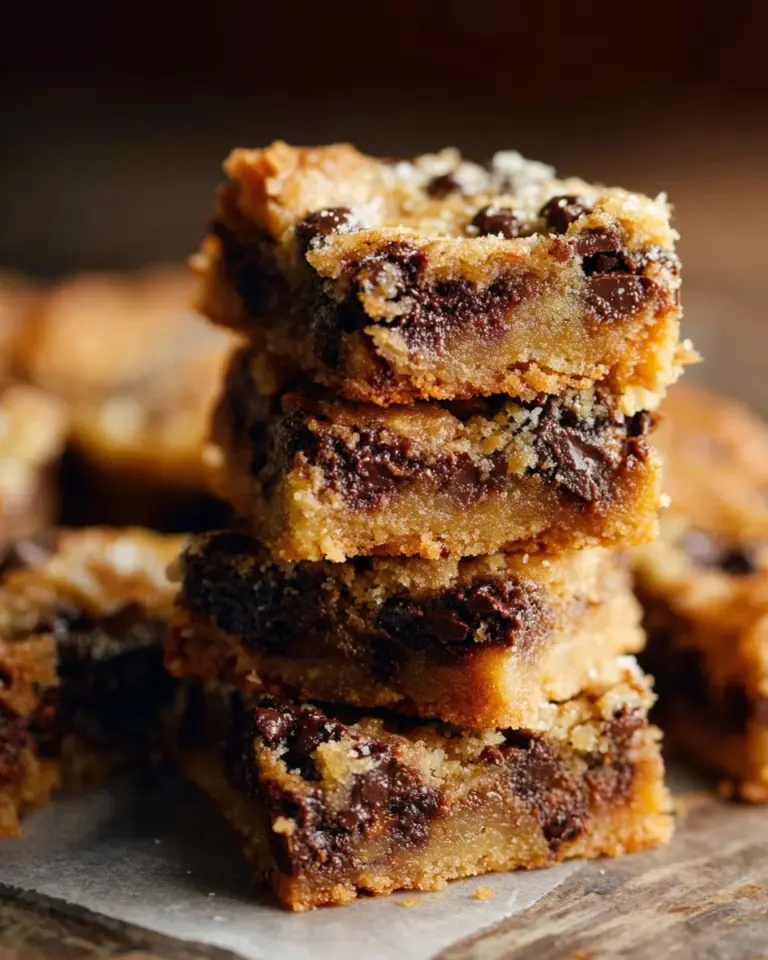 Delicious chocolate chip cookie butter bars stacked on a plate