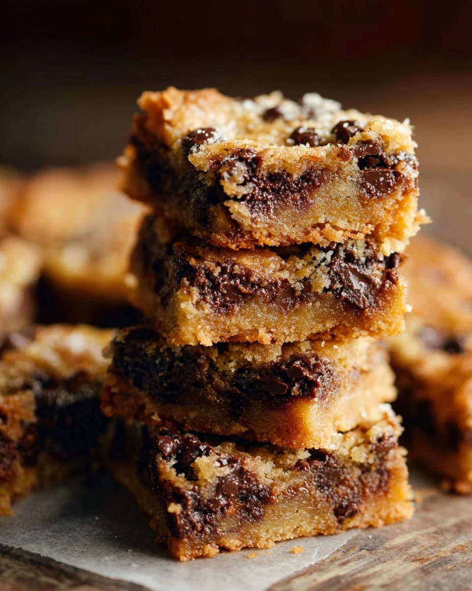 Delicious chocolate chip cookie butter bars stacked on a plate