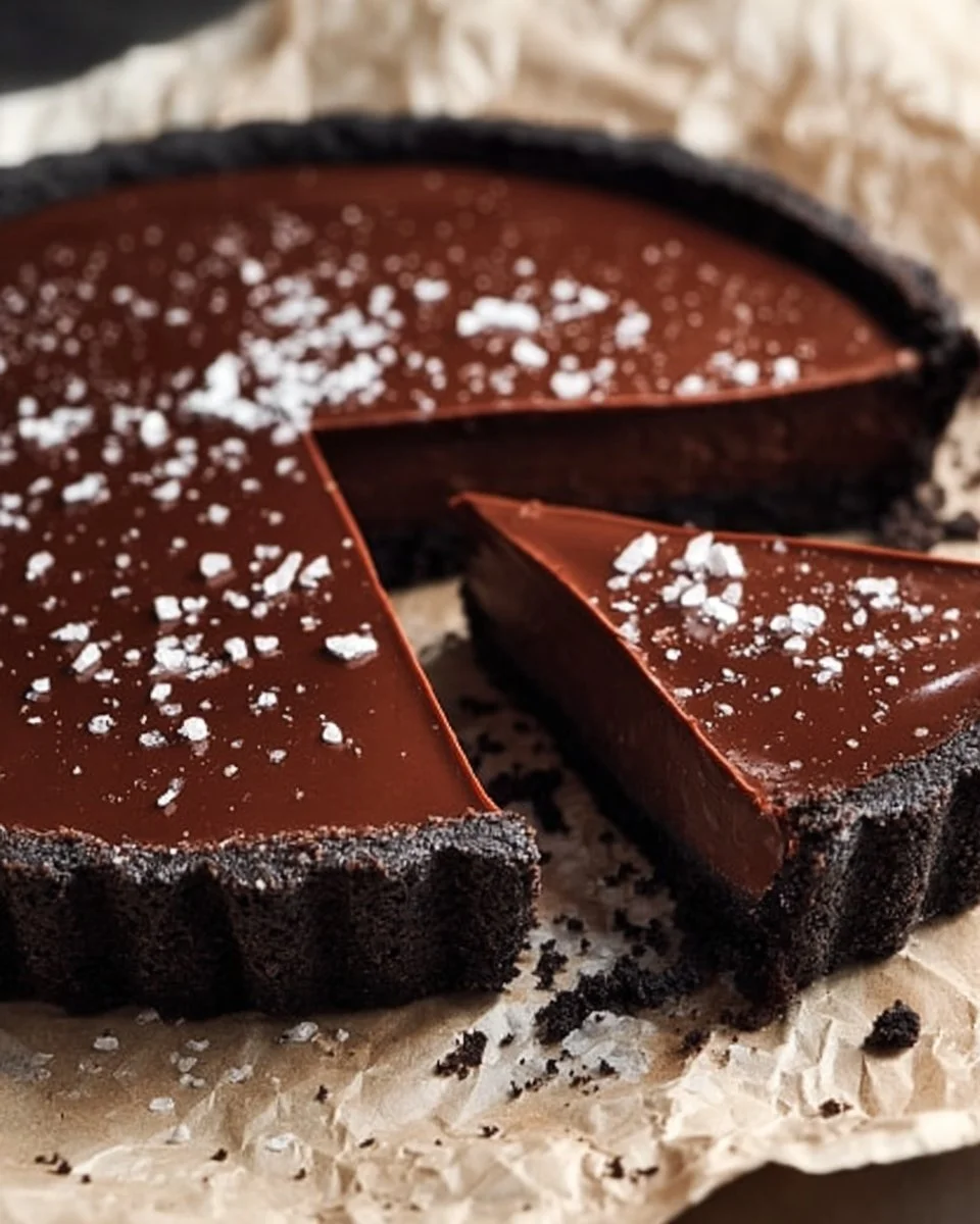 Decadent chocolate ganache tart topped with fresh berries and chocolate shavings.