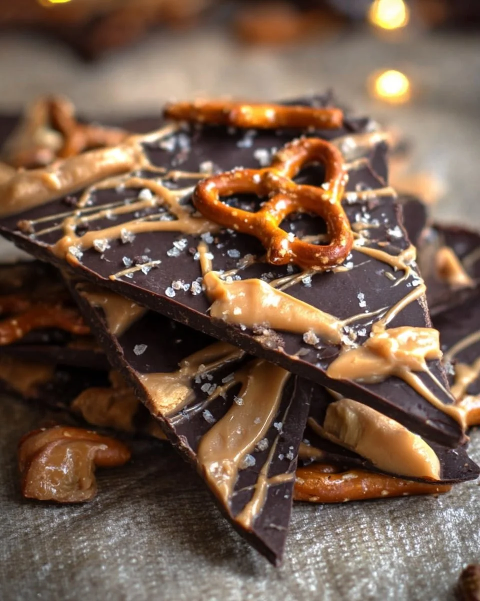 Homemade Chocolate Pretzel Bark with drizzled caramel and sprinkled sea salt