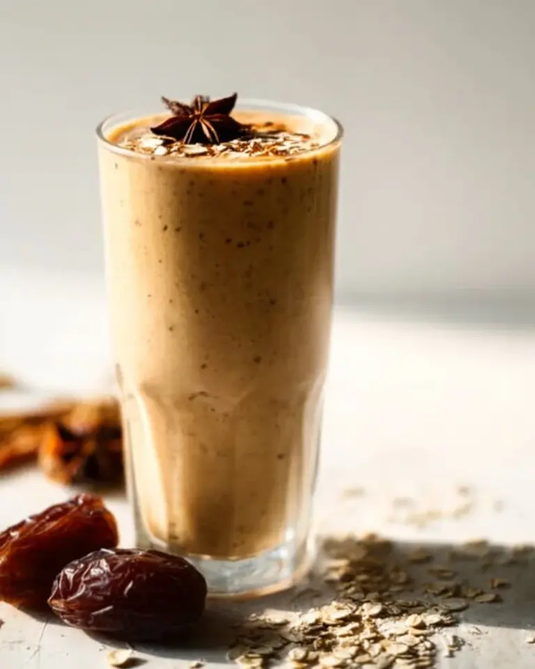 Delicious and creamy Cinnamon Date Smoothie in a glass topped with a sprinkle of cinnamon