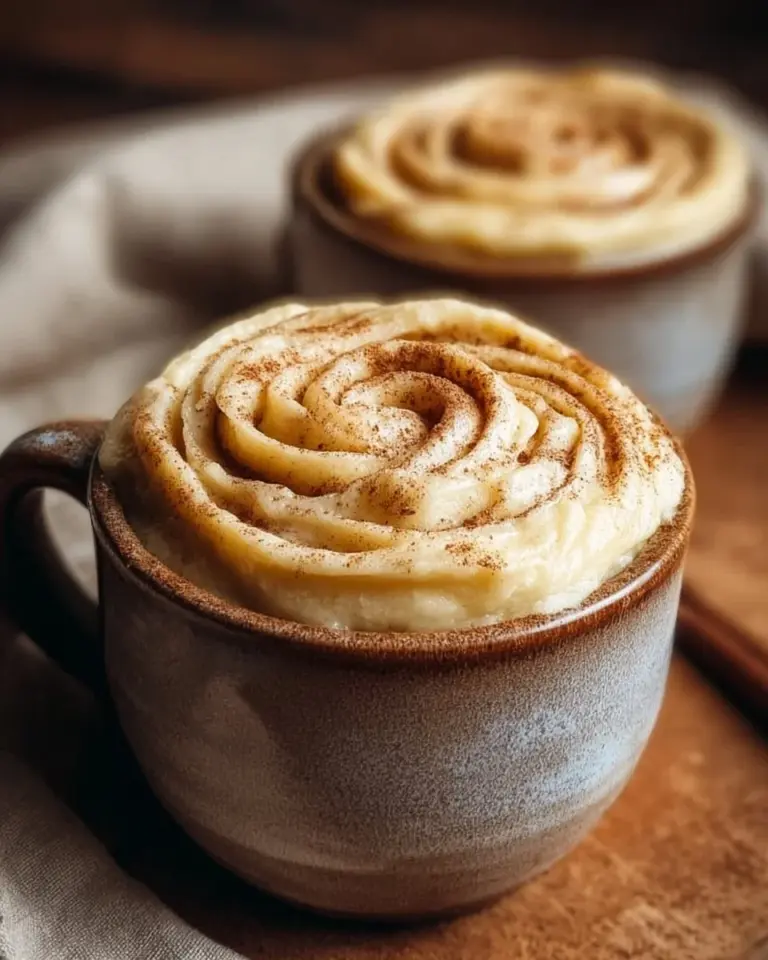 Delicious cinnamon roll mug cake topped with icing in a cozy mug