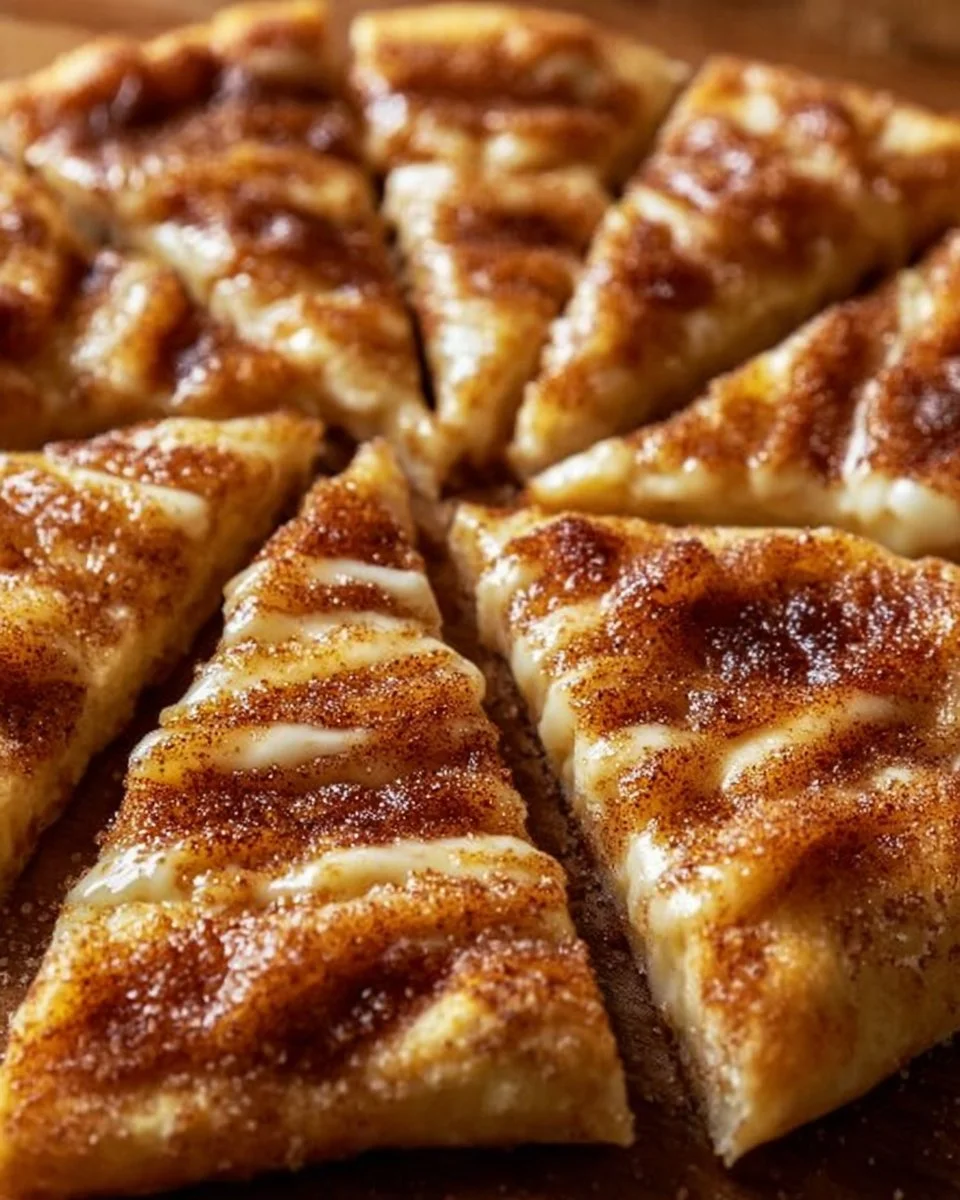 Cinnamon-sugar pizza made with crescent rolls, topped with a sweet glaze.