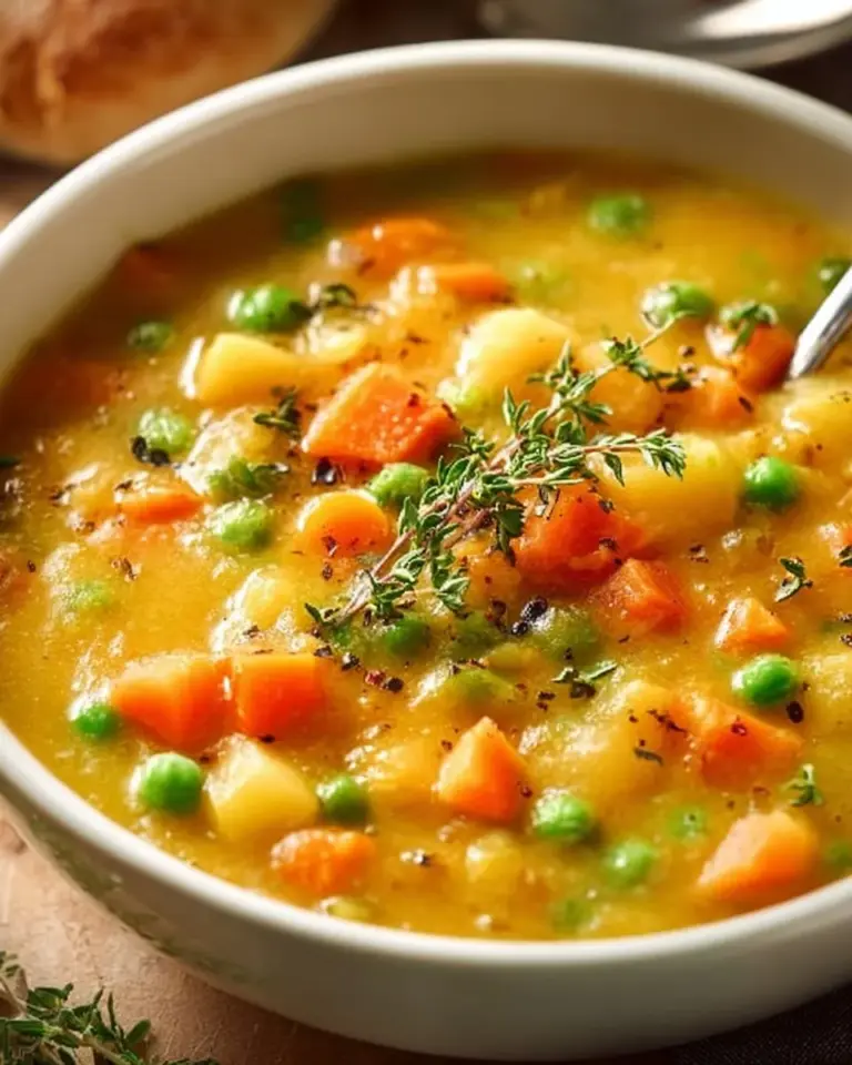 Bowl of comforting one-pot creamy vegetable soup with fresh vegetables
