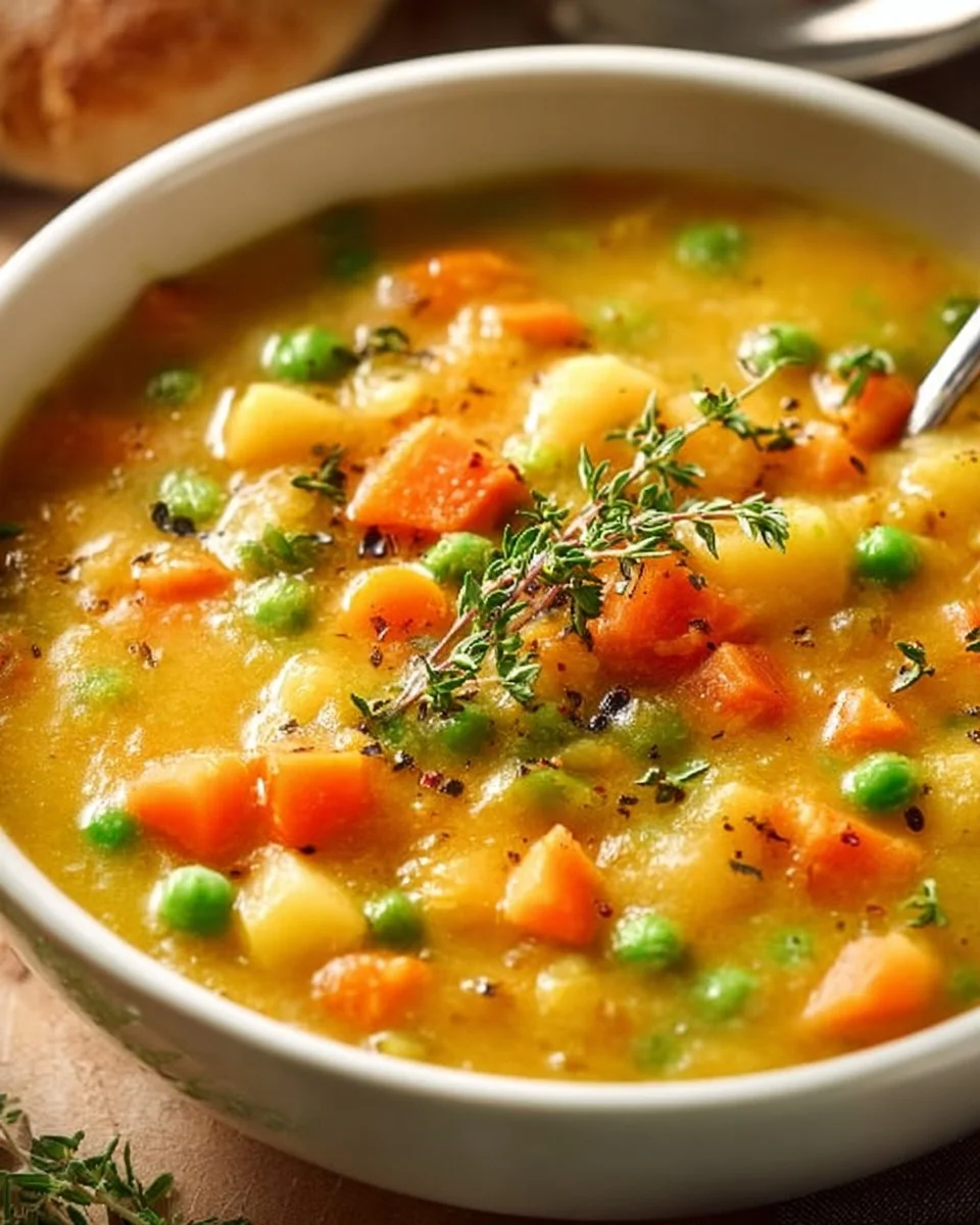 Bowl of comforting one-pot creamy vegetable soup with fresh vegetables