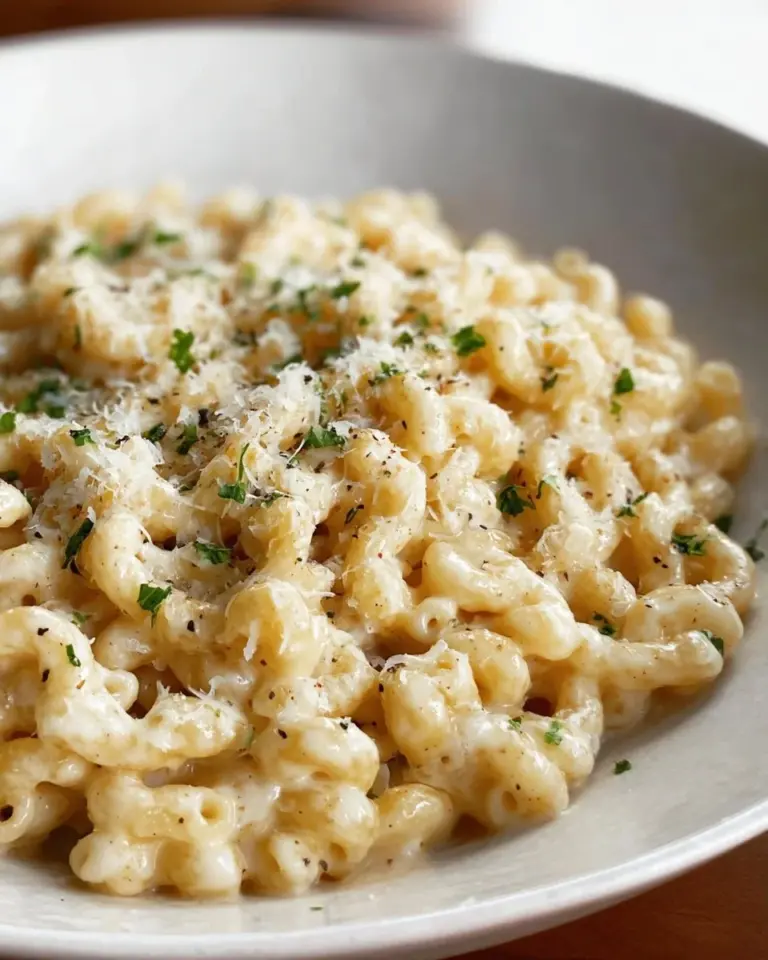 Delicious Cottage Cheese Alfredo served with pasta and garnished with herbs