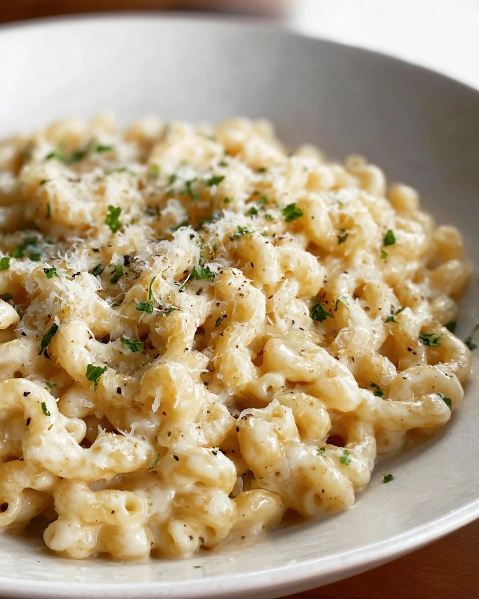 Delicious Cottage Cheese Alfredo served with pasta and garnished with herbs