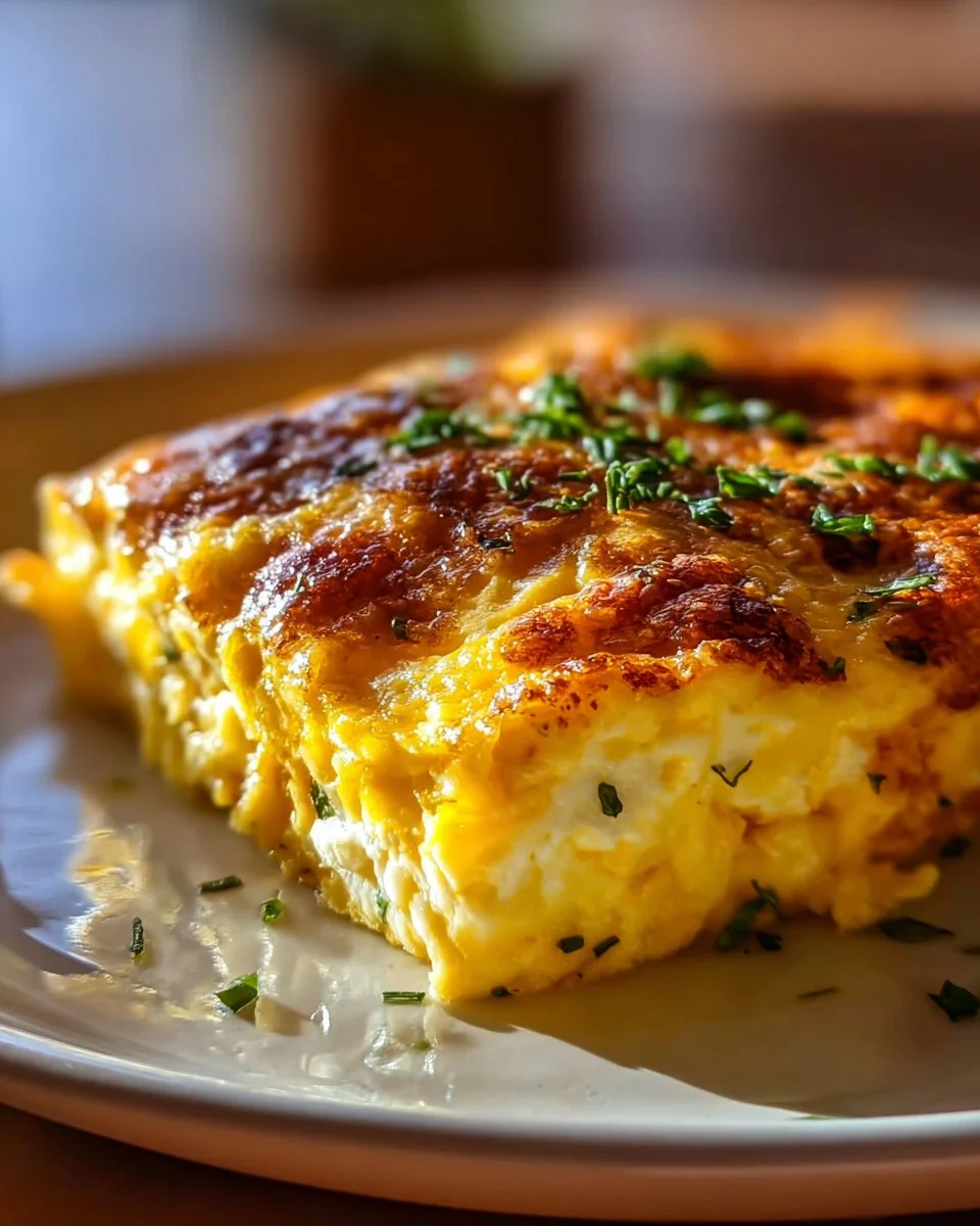 A delicious Cottage Cheese Egg Bake Casserole served in a baking dish.