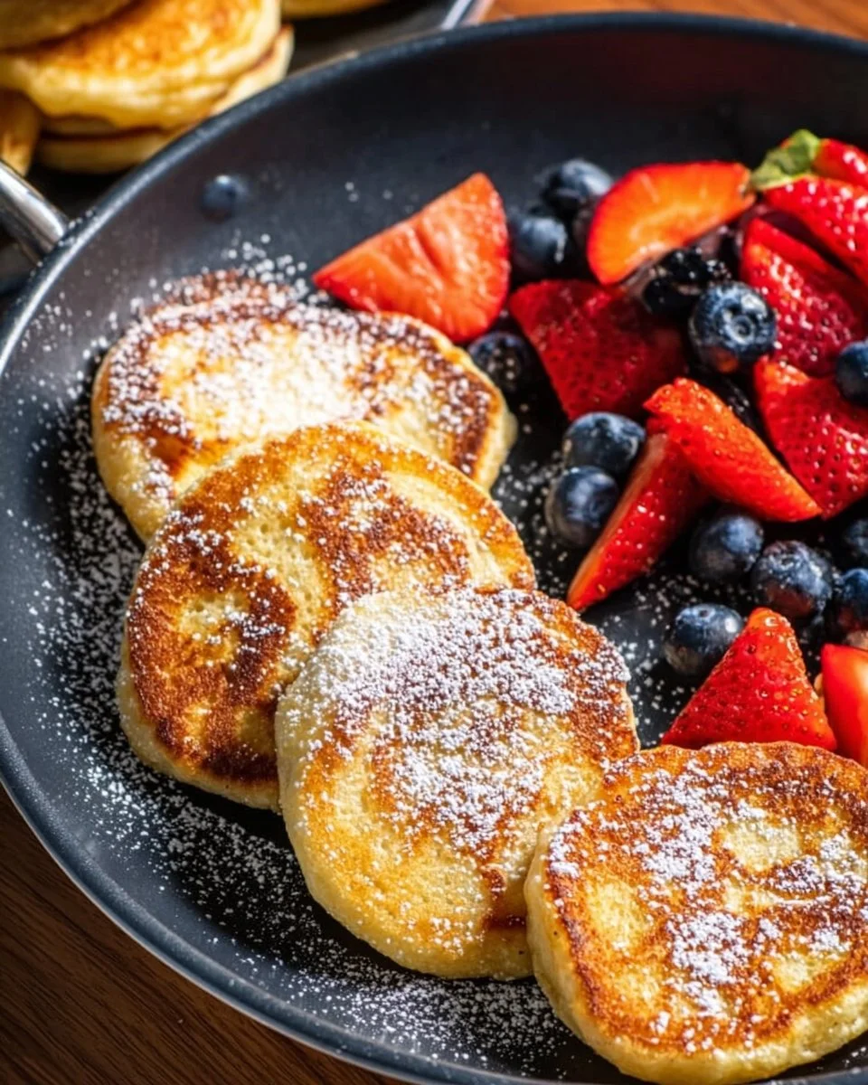 Fluffy cottage cheese pancakes served with fresh fruit and syrup