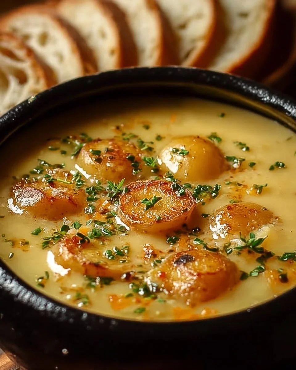 Bowl of Country French Garlic Soup garnished with fresh herbs