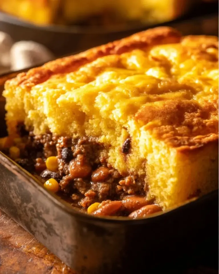 Delicious Cowboy Cornbread Casserole topped with golden cornbread and savory fillings