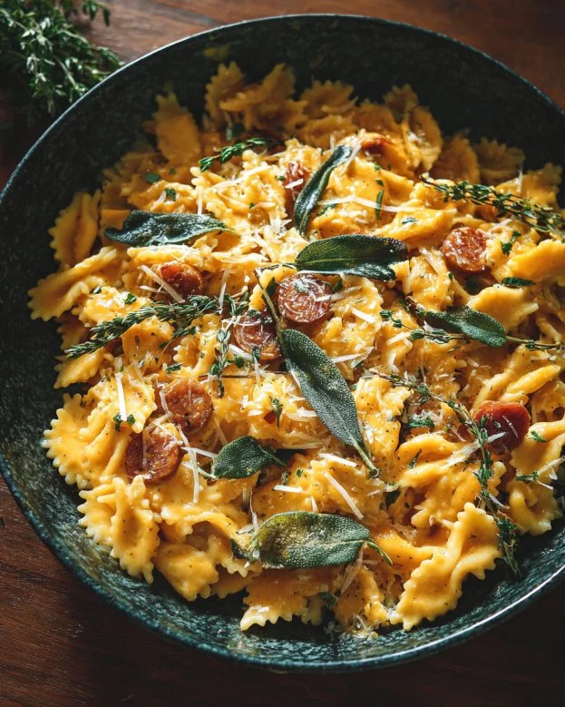 Cozy acorn squash pasta topped with herbs and parmesan cheese in a bowl.