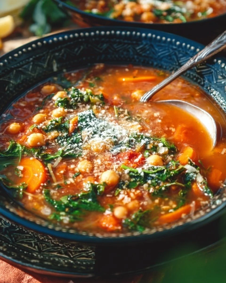 Bowl of cozy Mediterranean chickpea soup garnished with herbs and spices