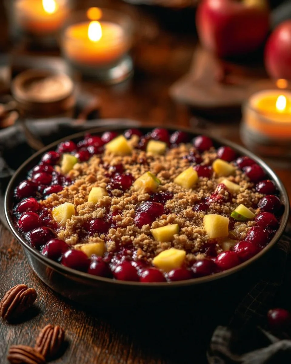 Delicious cranberry apple crumble dessert served in a rustic dish.