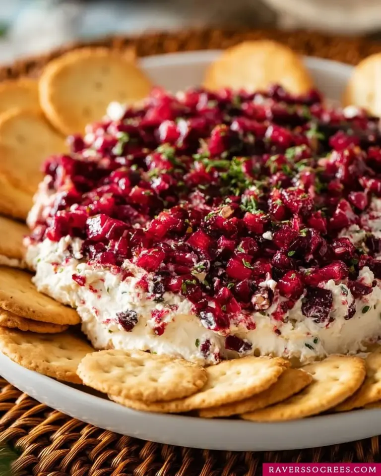 Cranberry Jalapeno Cream Cheese Dip in a serving bowl with crackers